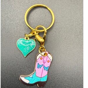 Cowgirl Boot Heart Keychain Western Country Pink Turquoise Gold‎ Charm